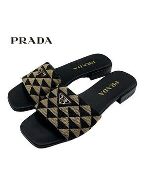Prada Sandals Flat Mules Shoes Logo Plate Triangle Fabric Black Beige